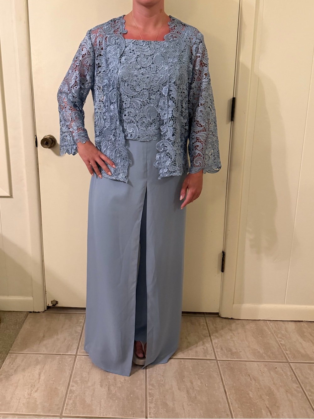 Lavetir Women’s Light Blue Lace Jumpsuit with Overlay